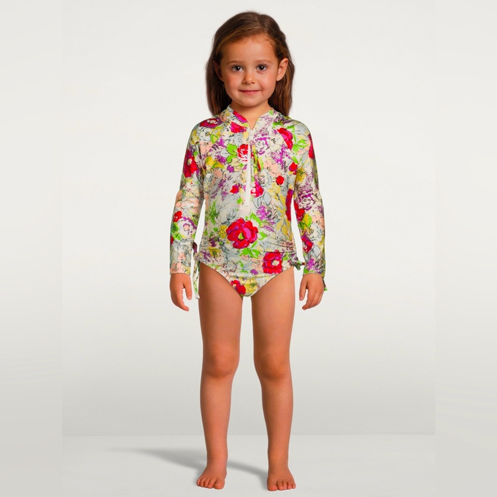 ZIMMERMANN Girls Clover Long-Sleeve Zip Swimsuit Lipstick Peony Floral Size 4